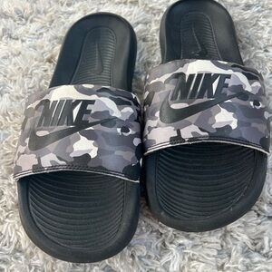 Nike Black and Gray Camo Slides